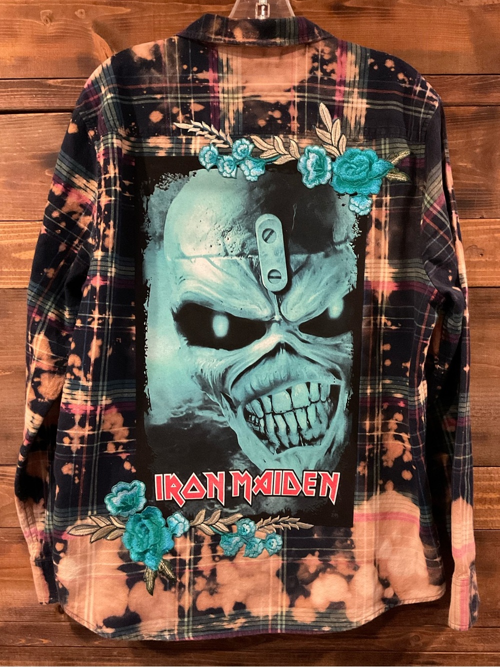 CUSTOM IRON MAIDEN “Teal Eddie” Distressed Plaid Shirt Concert Ready MENS Large